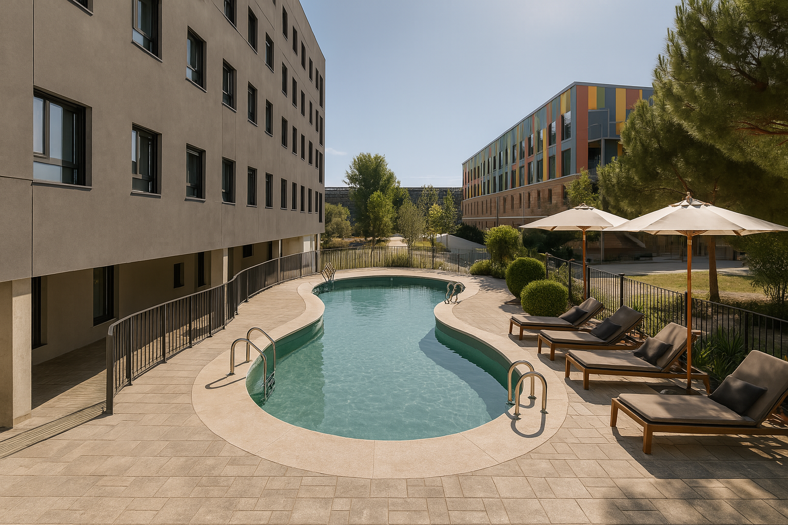 Piscina exterior en residencia universitaria de Cantoblanco con tumbonas y zona relax.