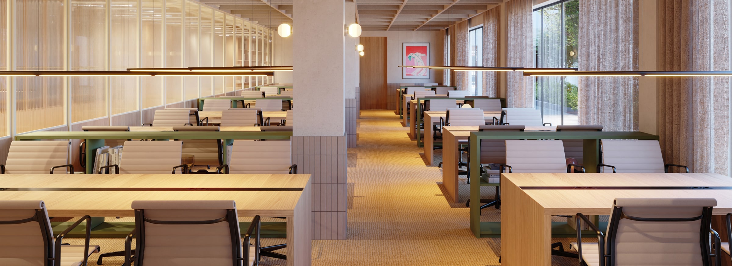 Sala de estudio y coworking con mesas, enchufes y buena luz en la resi de Cantoblanco.