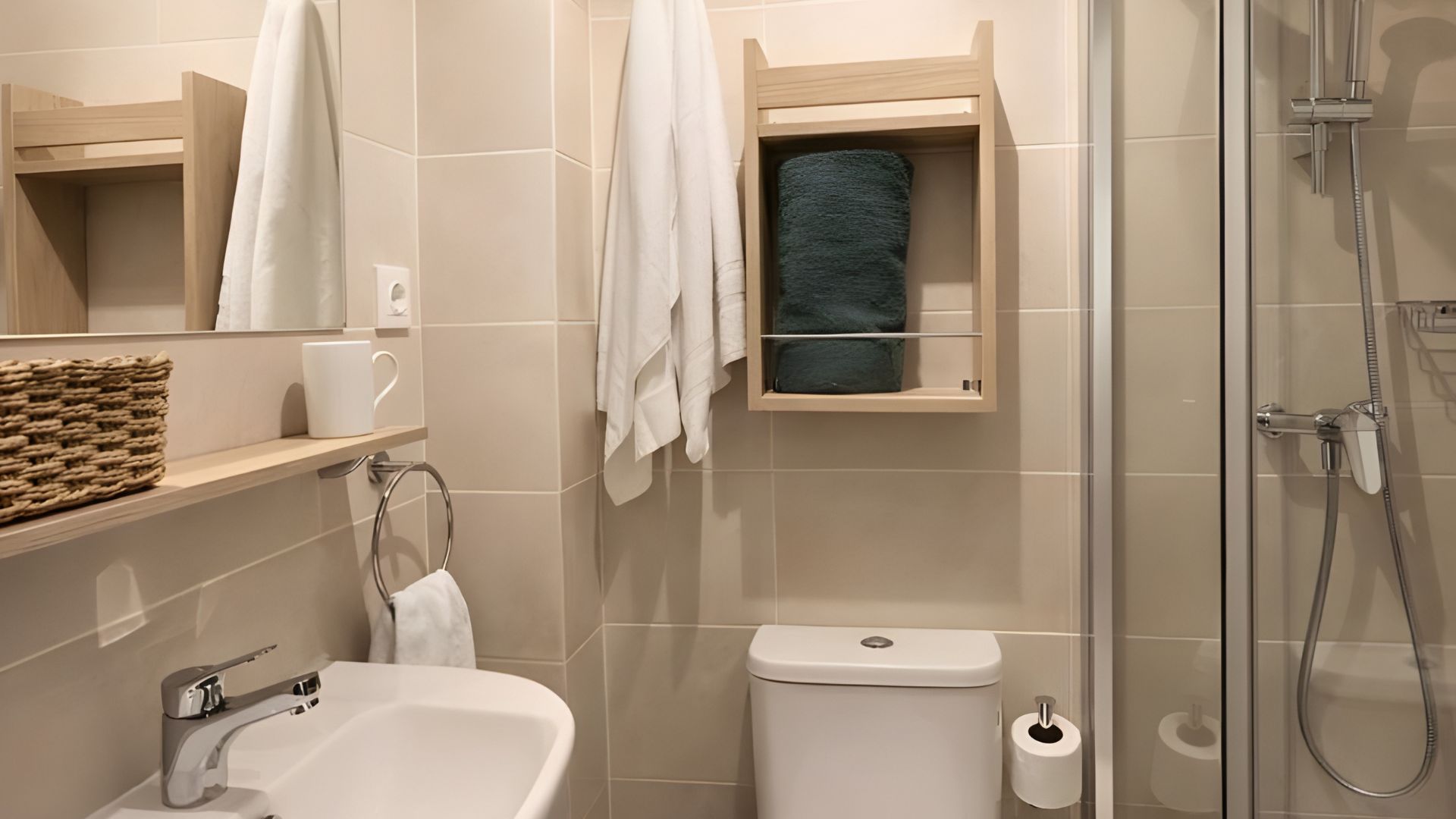 Baño privado con ducha en estudio 3Dio de la residencia Stephouse Madrid Vicálvaro.