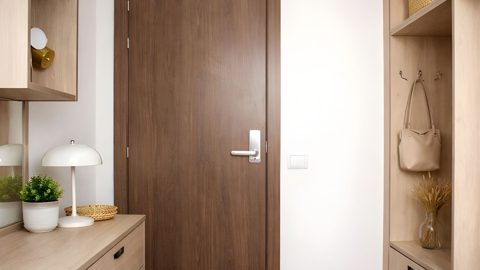 Entrada y armarios en estudio 3Dio de la residencia Stephouse Madrid Vicálvaro.