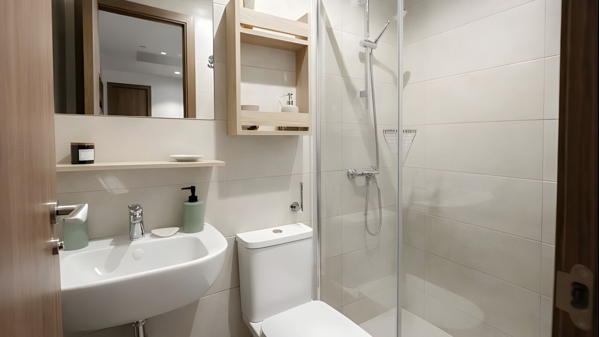 Baño completo con ducha, lavabo y almacenamiento en estudio para estudiantes en Málaga.