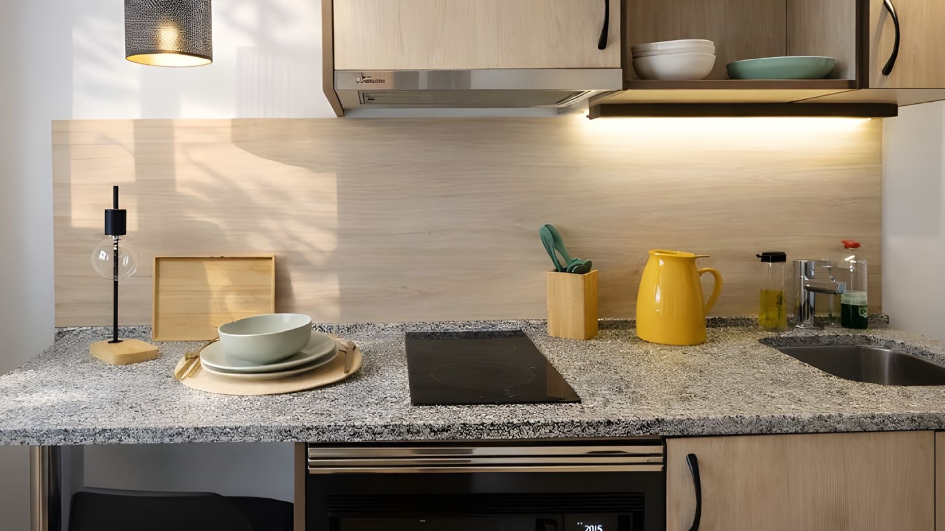 Cocina equipada con encimera, electrodomésticos y almacenamiento en estudio