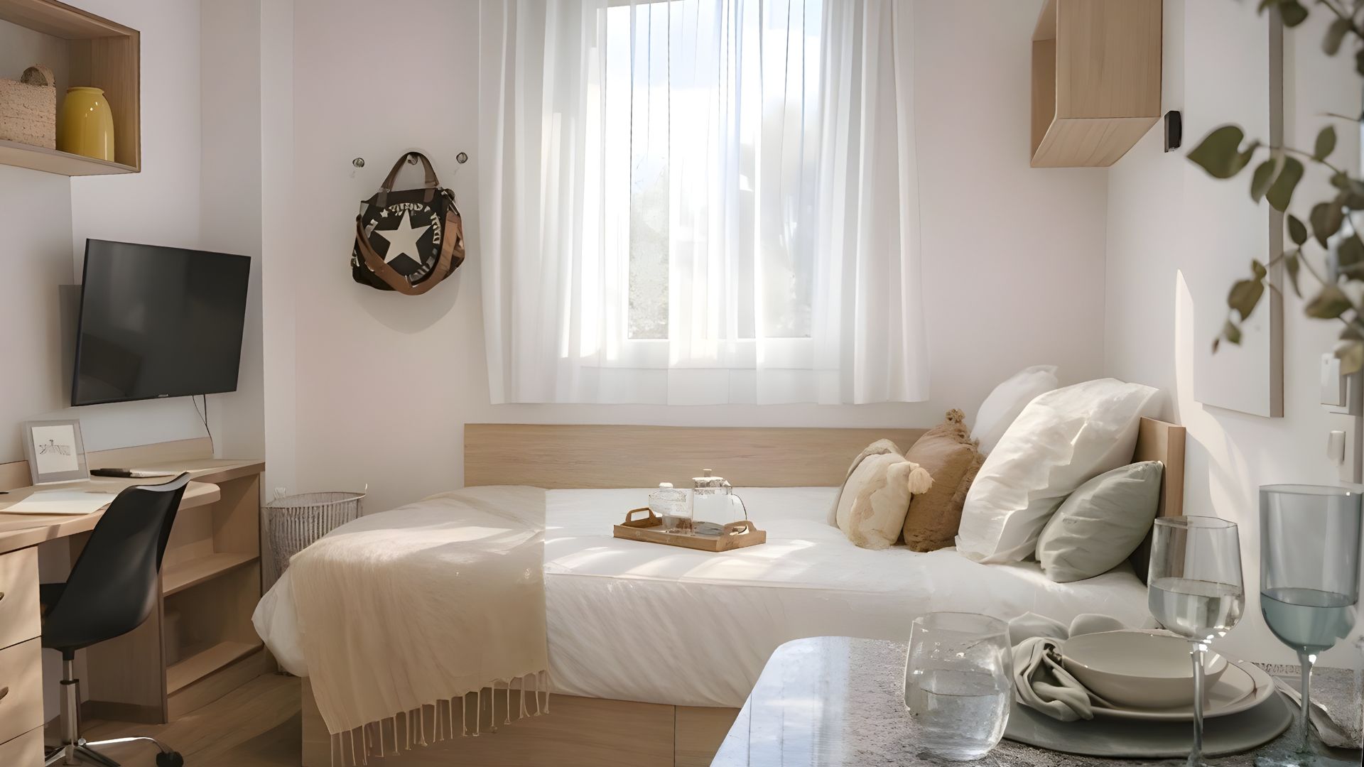 Dormitorio luminoso en estudio de la residencia Stephouse Madrid Vicálvaro.