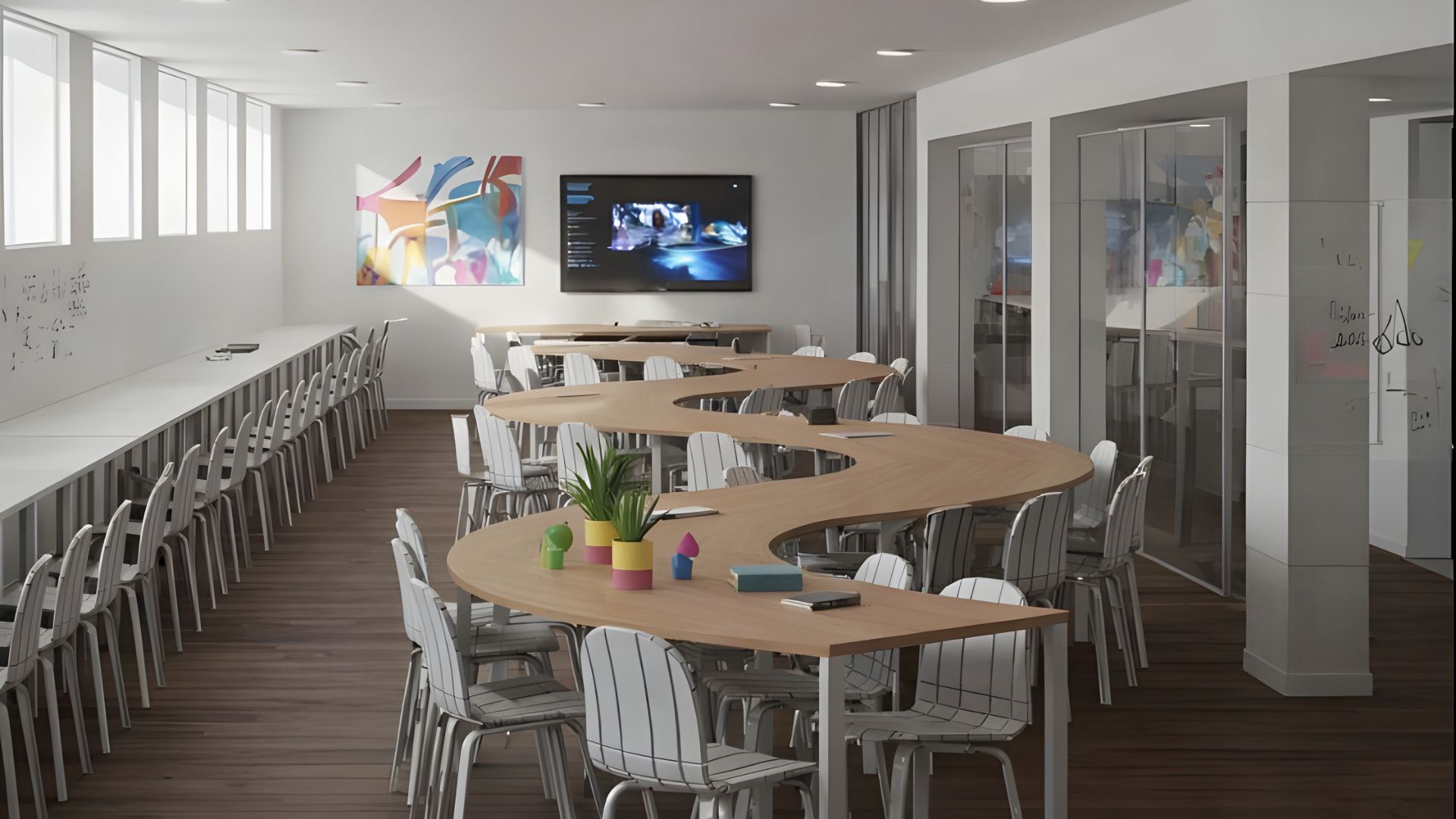 Sala de estudio compartida en residencia de estudiantes en Oporto con mesas amplias y diseño moderno