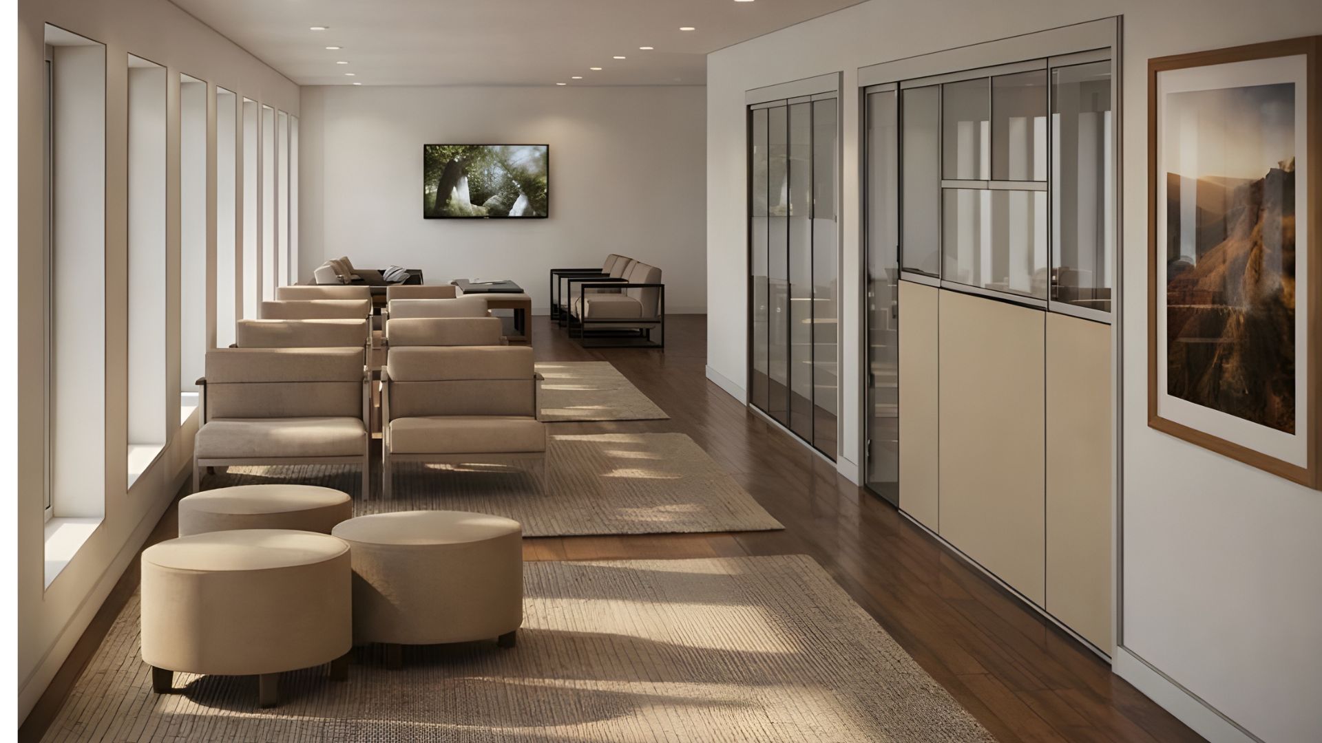 Zona de descanso moderna en residencia de estudiantes en Oporto con sillones y decoración contemporánea