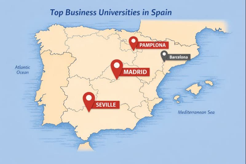 Mapa enseñando Madrid, Barcelona, Pamplona y Sevilla