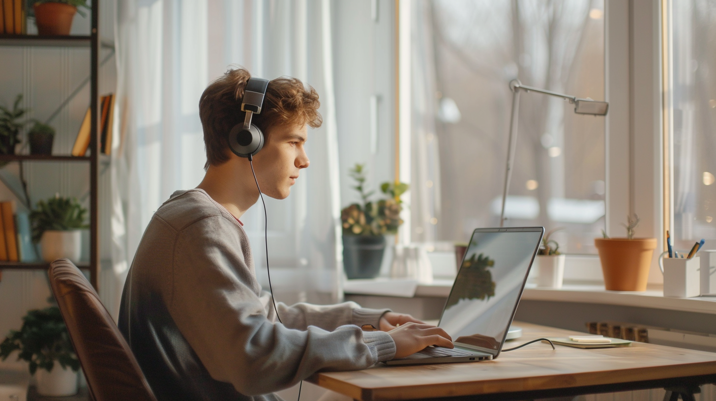 Studente che studia alla scrivania con una buona illuminazione naturale