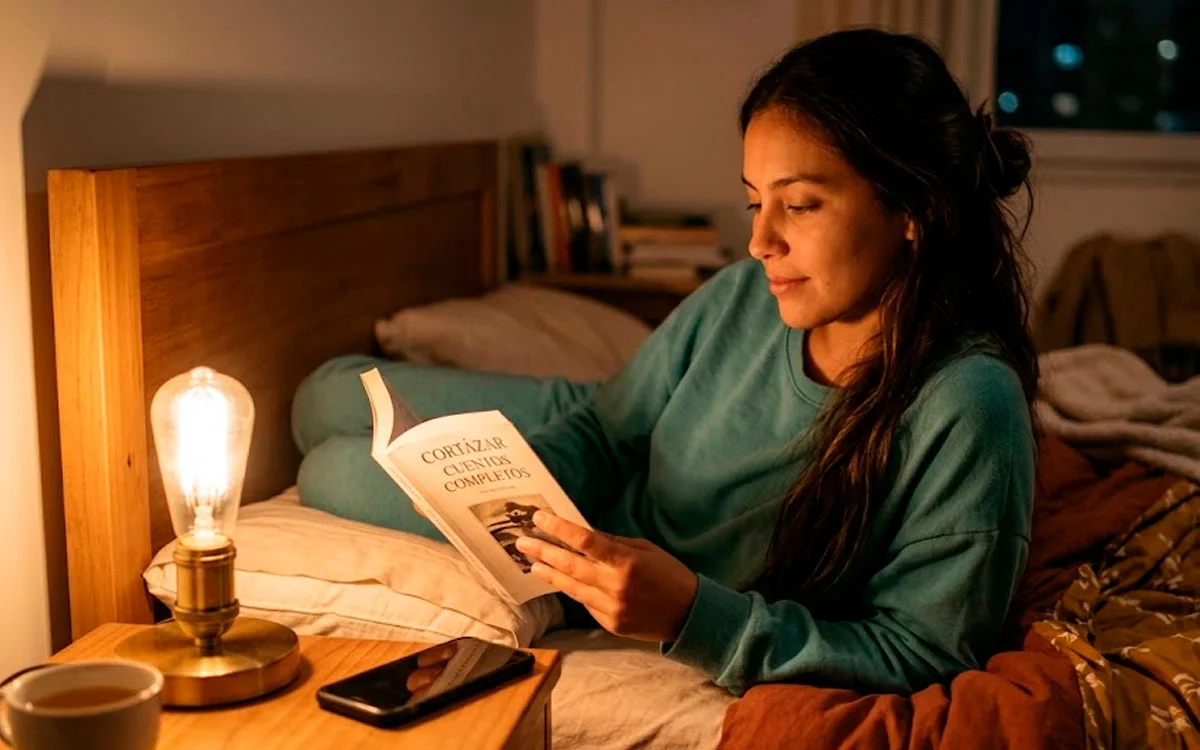 Um estudante a descansar ou uma rotina noturna tranquila