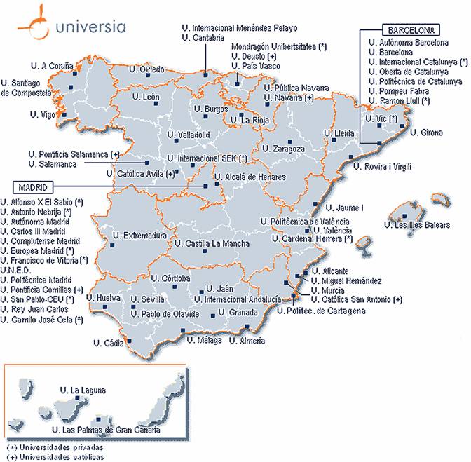 Mapa de Espanha com as principais cidades universitárias