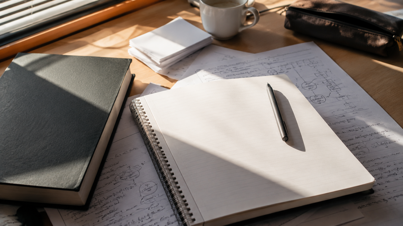 Estúdio acolhedor com um caderno e café